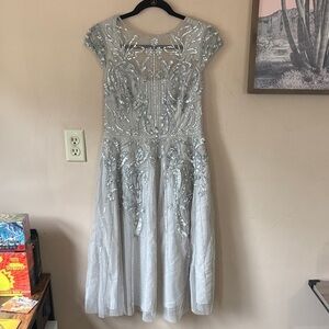 Aidan Mattox | Adrianna Papell Silver Beaded Short Sleeve Dress Size 6